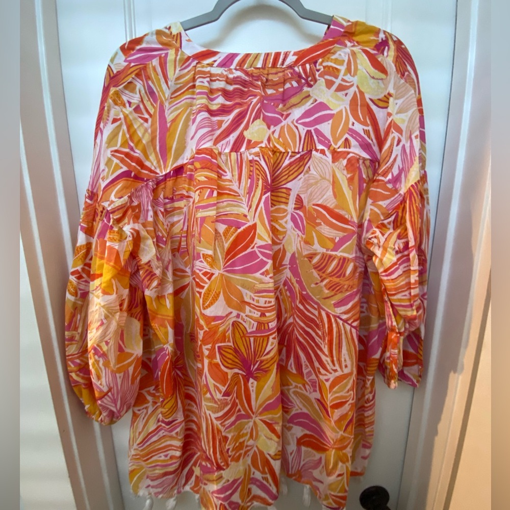 C&C California Tropical Floral Boho Tassel Peasant Tunic Coverup Blouse Large - Picture 2 of 4